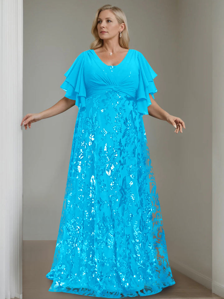 A-Line/Princess V-Neck Half Sleeves Floor-Length Plus Size Mother of the Bride Dresses with Sequins