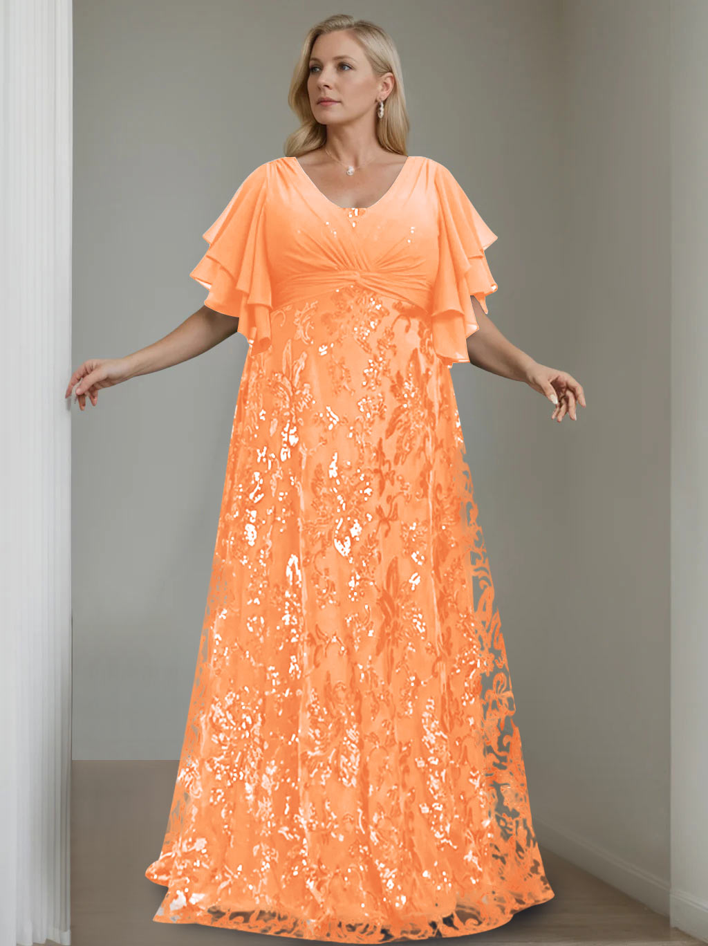 A-Line/Princess V-Neck Half Sleeves Floor-Length Plus Size Mother of the Bride Dresses with Sequins