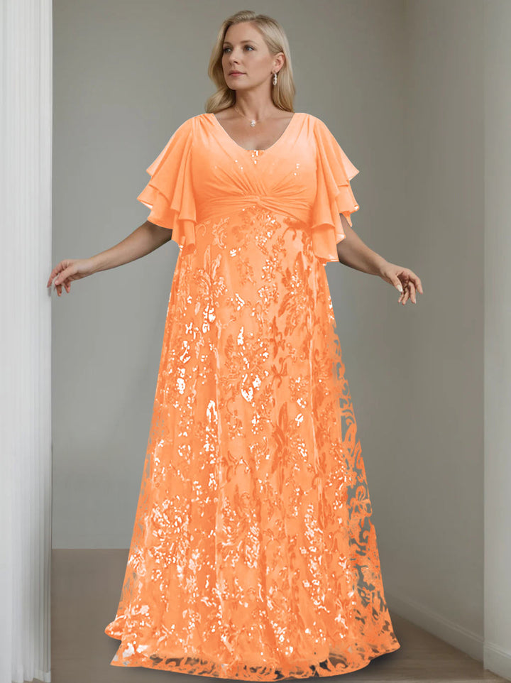 A-Line/Princess V-Neck Half Sleeves Floor-Length Plus Size Mother of the Bride Dresses with Sequins