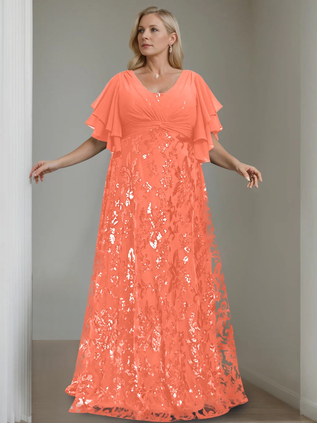A-Line/Princess V-Neck Half Sleeves Floor-Length Plus Size Mother of the Bride Dresses with Sequins