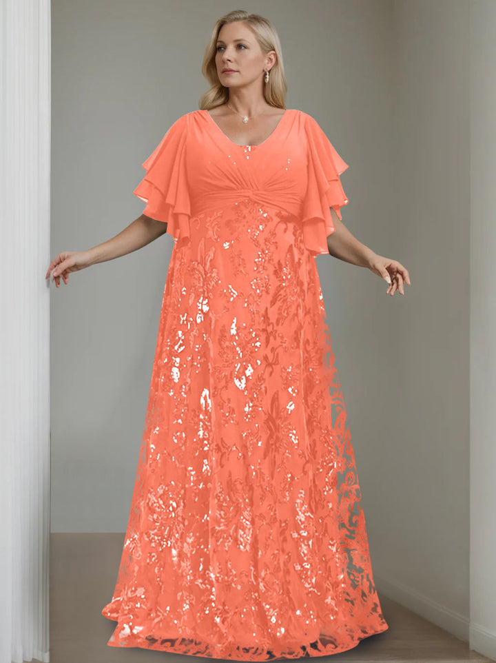 A-Line/Princess V-Neck Half Sleeves Floor-Length Plus Size Mother of the Bride Dresses with Sequins