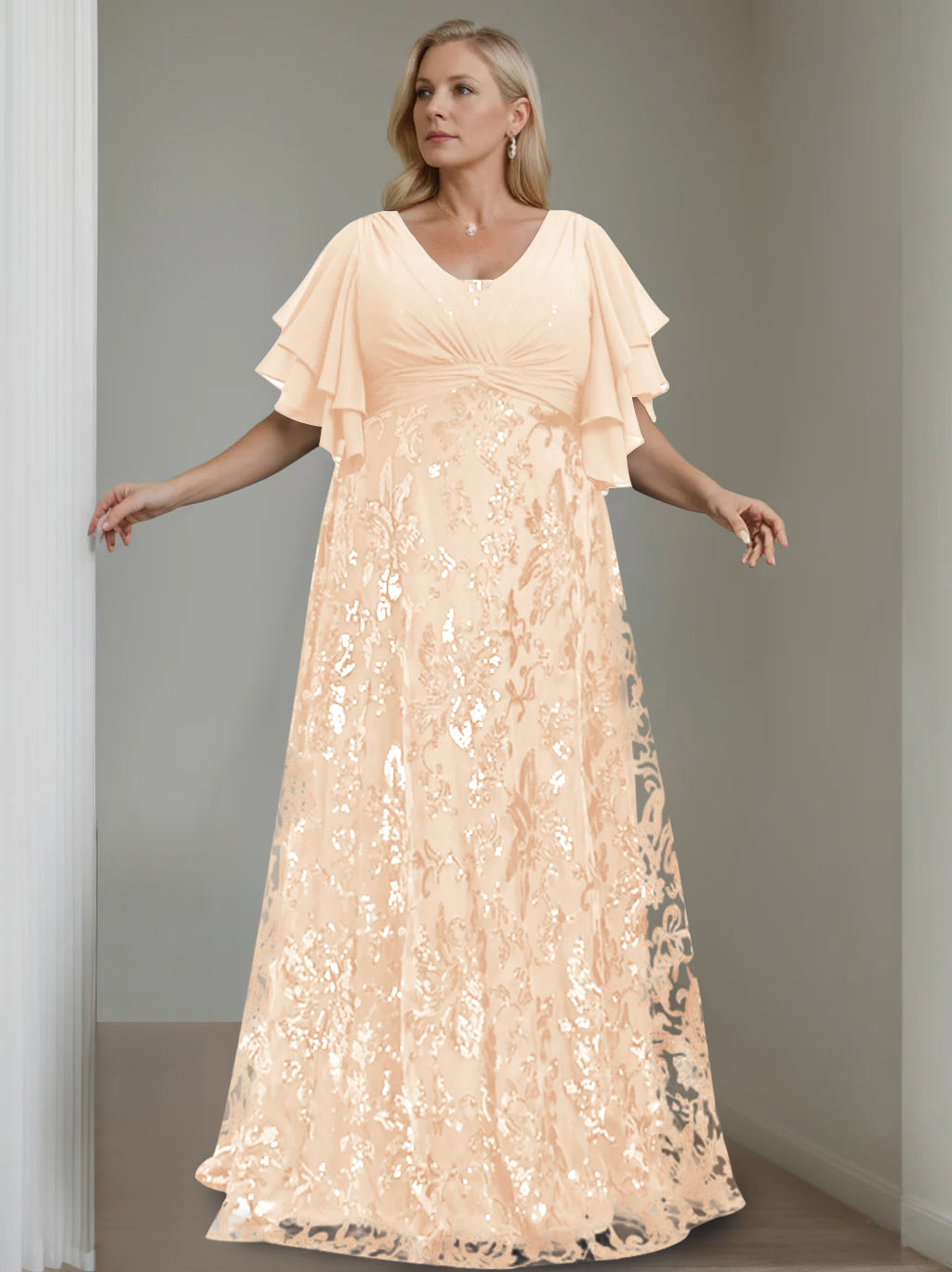 A-Line/Princess V-Neck Half Sleeves Floor-Length Plus Size Mother of the Bride Dresses with Sequins