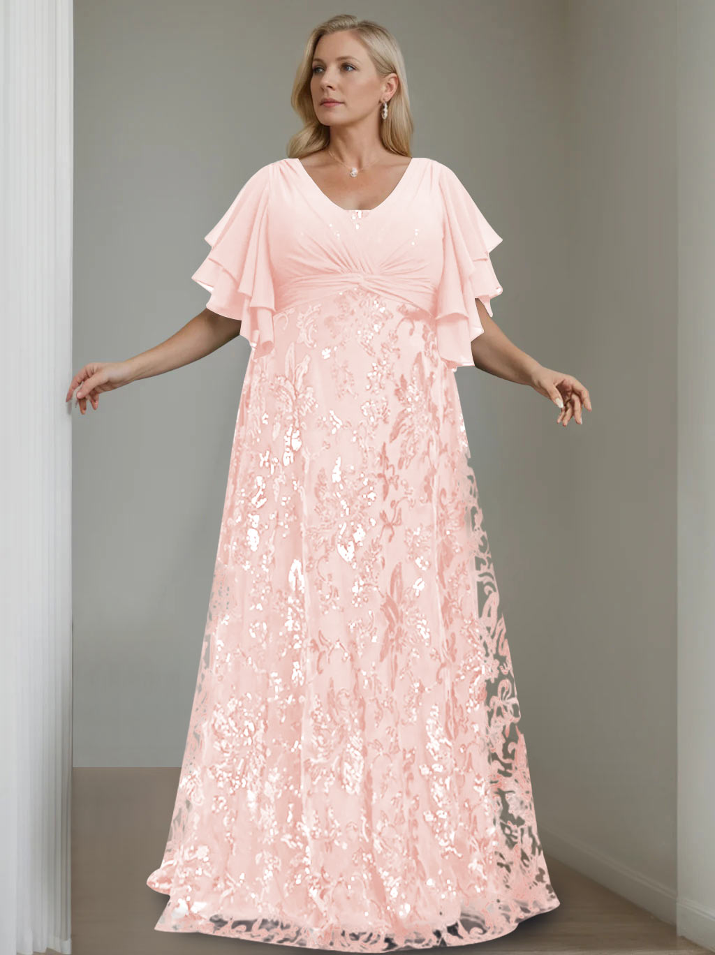 A-Line/Princess V-Neck Half Sleeves Floor-Length Plus Size Mother of the Bride Dresses with Sequins