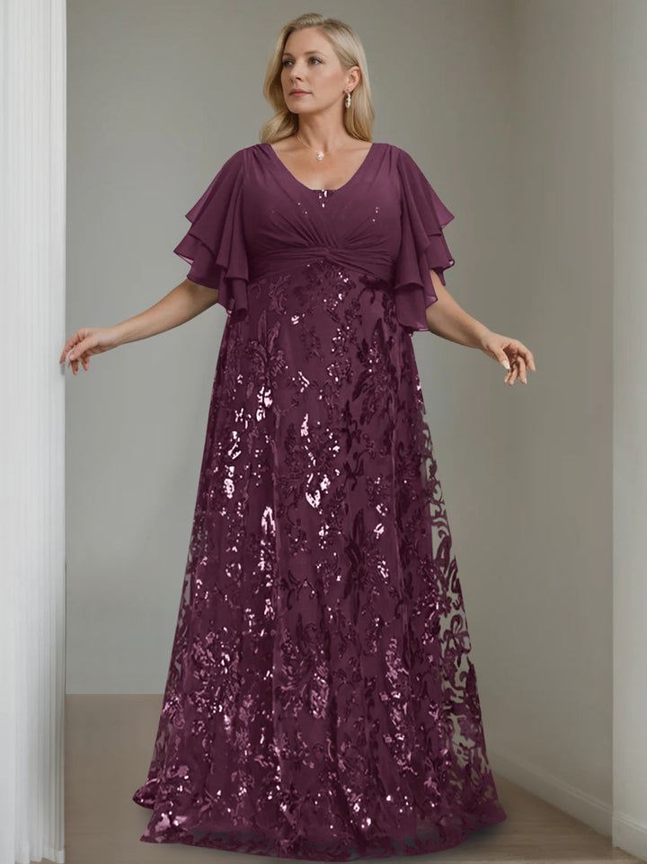 A-Line/Princess V-Neck Half Sleeves Floor-Length Plus Size Mother of the Bride Dresses with Sequins