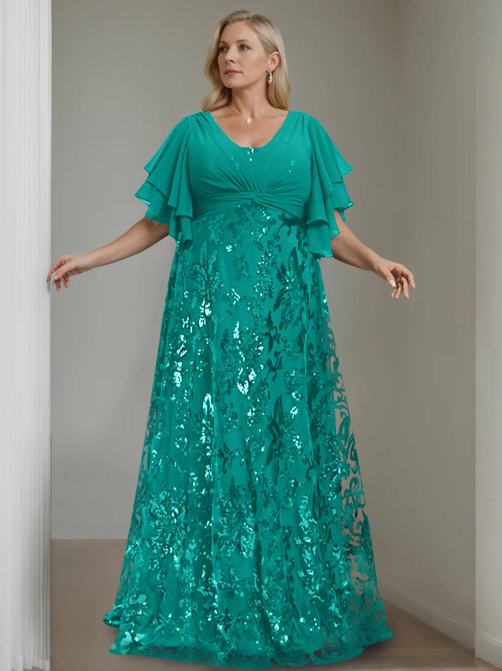 A-Line/Princess V-Neck Half Sleeves Floor-Length Plus Size Mother of the Bride Dresses with Sequins