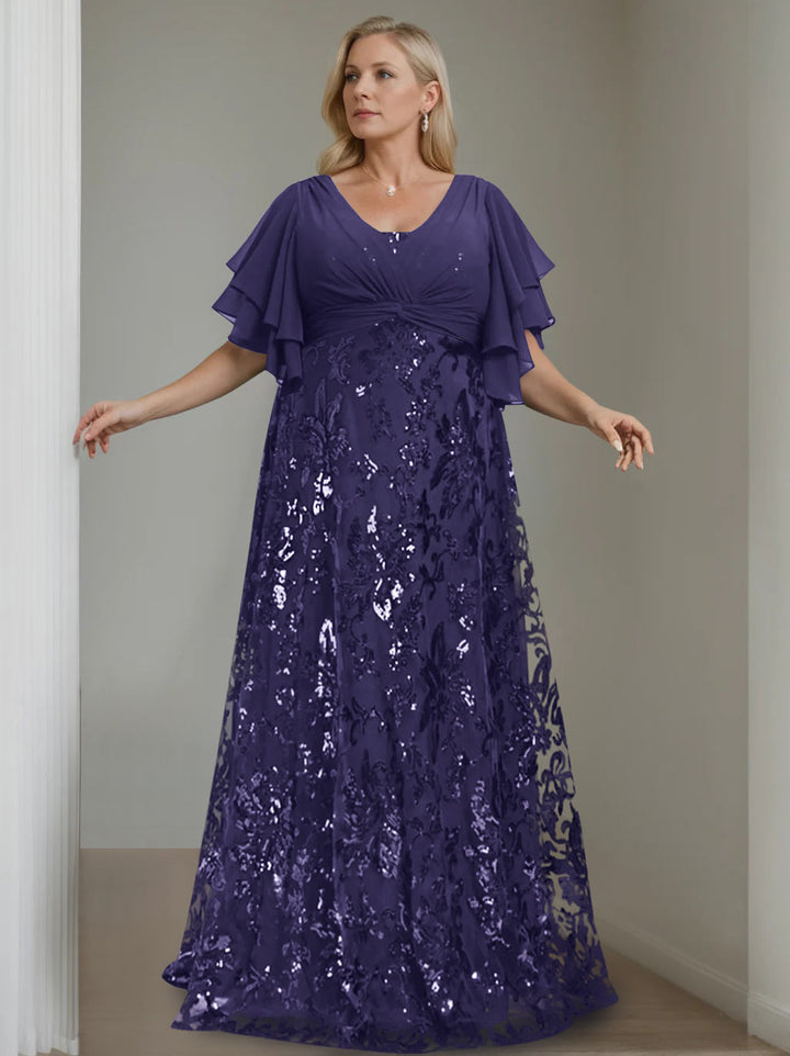 A-Line/Princess V-Neck Half Sleeves Floor-Length Plus Size Mother of the Bride Dresses with Sequins