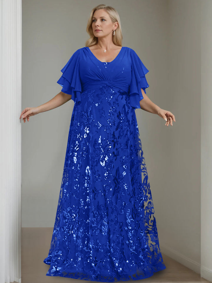 A-Line/Princess V-Neck Half Sleeves Floor-Length Plus Size Mother of the Bride Dresses with Sequins