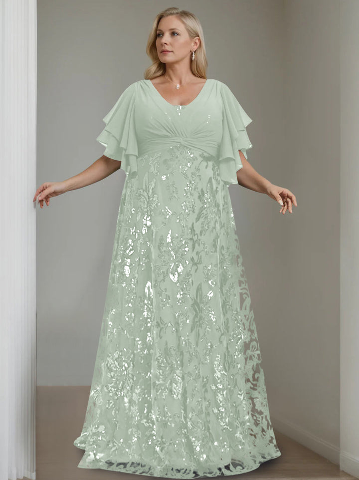A-Line/Princess V-Neck Half Sleeves Floor-Length Plus Size Mother of the Bride Dresses with Sequins