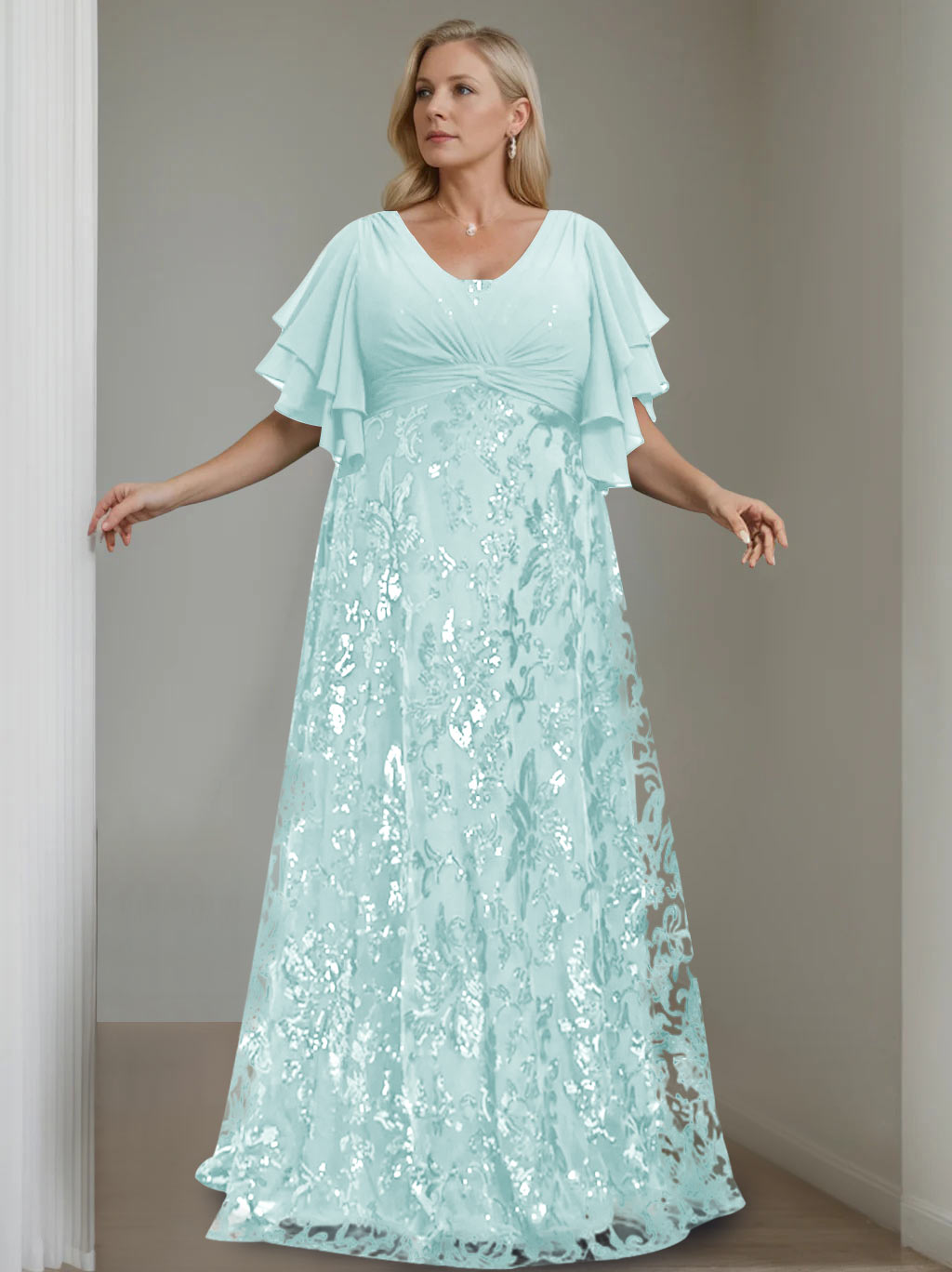 A-Line/Princess V-Neck Half Sleeves Floor-Length Plus Size Mother of the Bride Dresses with Sequins