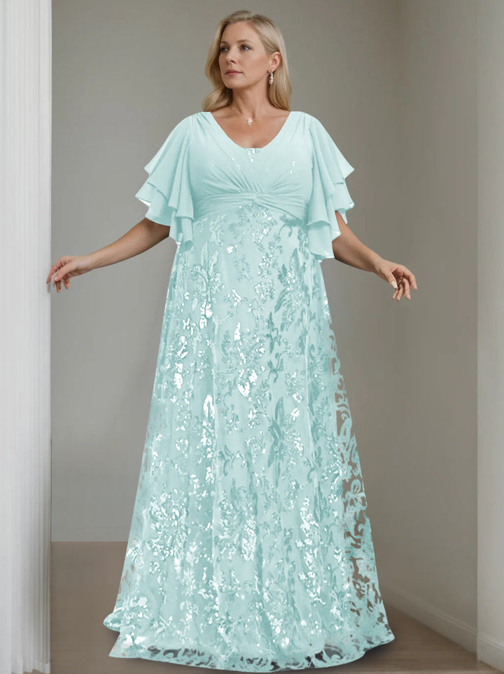 A-Line/Princess V-Neck Half Sleeves Floor-Length Plus Size Mother of the Bride Dresses with Sequins