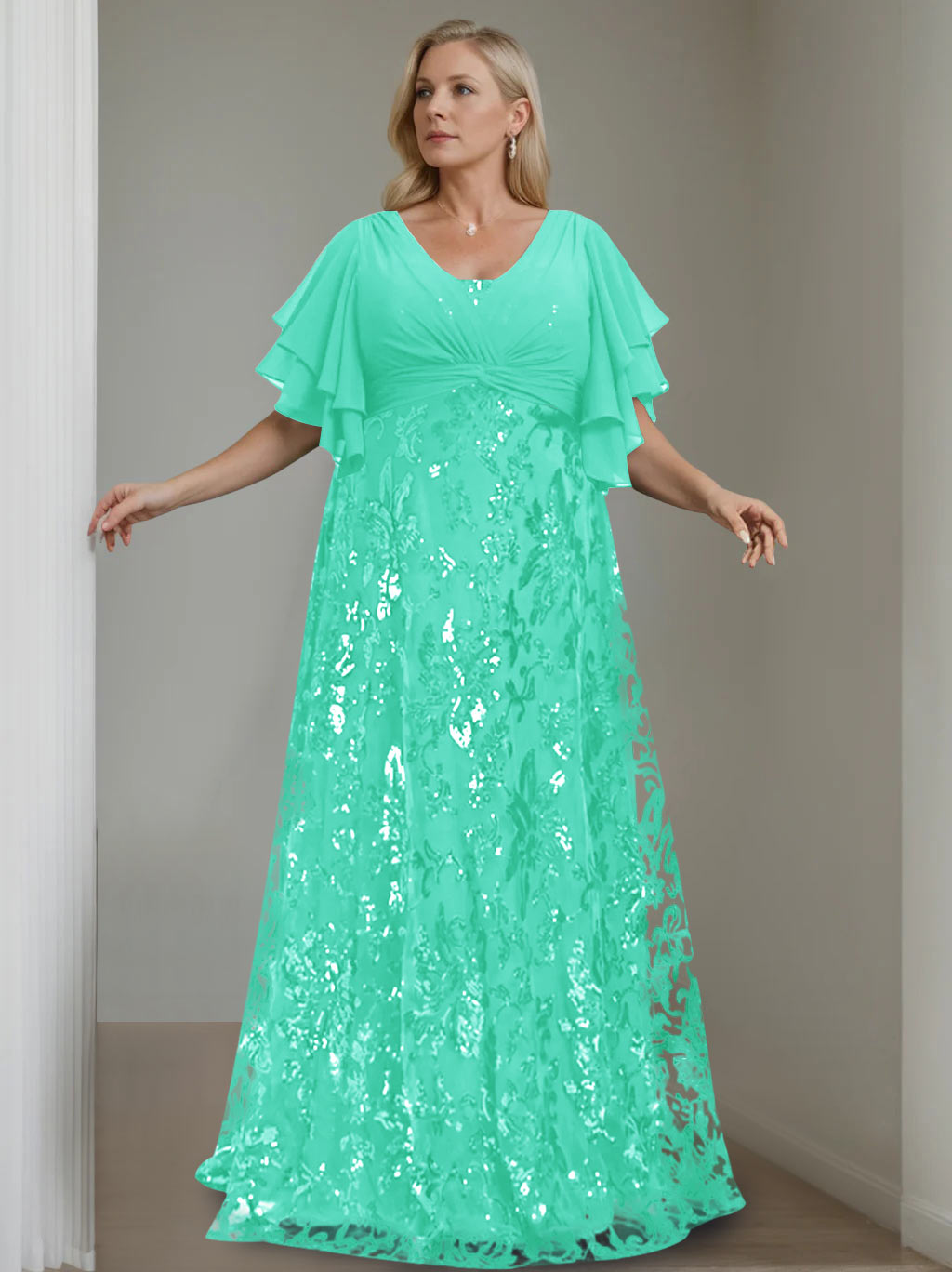 A-Line/Princess V-Neck Half Sleeves Floor-Length Plus Size Mother of the Bride Dresses with Sequins