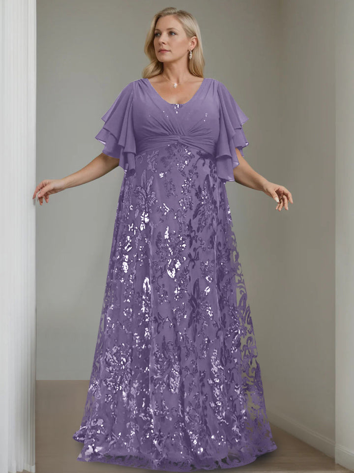 A-Line/Princess V-Neck Half Sleeves Floor-Length Plus Size Mother of the Bride Dresses with Sequins