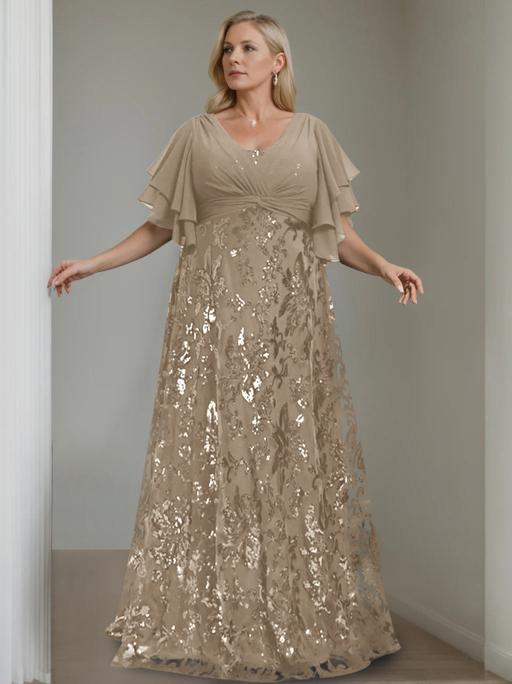 A-Line/Princess V-Neck Half Sleeves Floor-Length Plus Size Mother of the Bride Dresses with Sequins