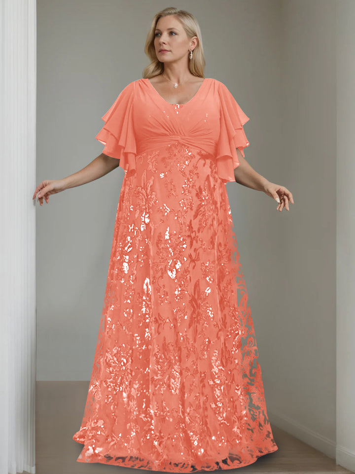 A-Line/Princess V-Neck Half Sleeves Floor-Length Plus Size Mother of the Bride Dresses with Sequins
