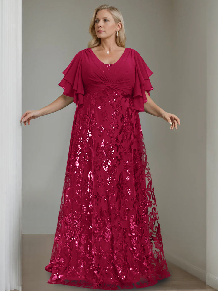 A-Line/Princess V-Neck Half Sleeves Floor-Length Plus Size Mother of the Bride Dresses with Sequins