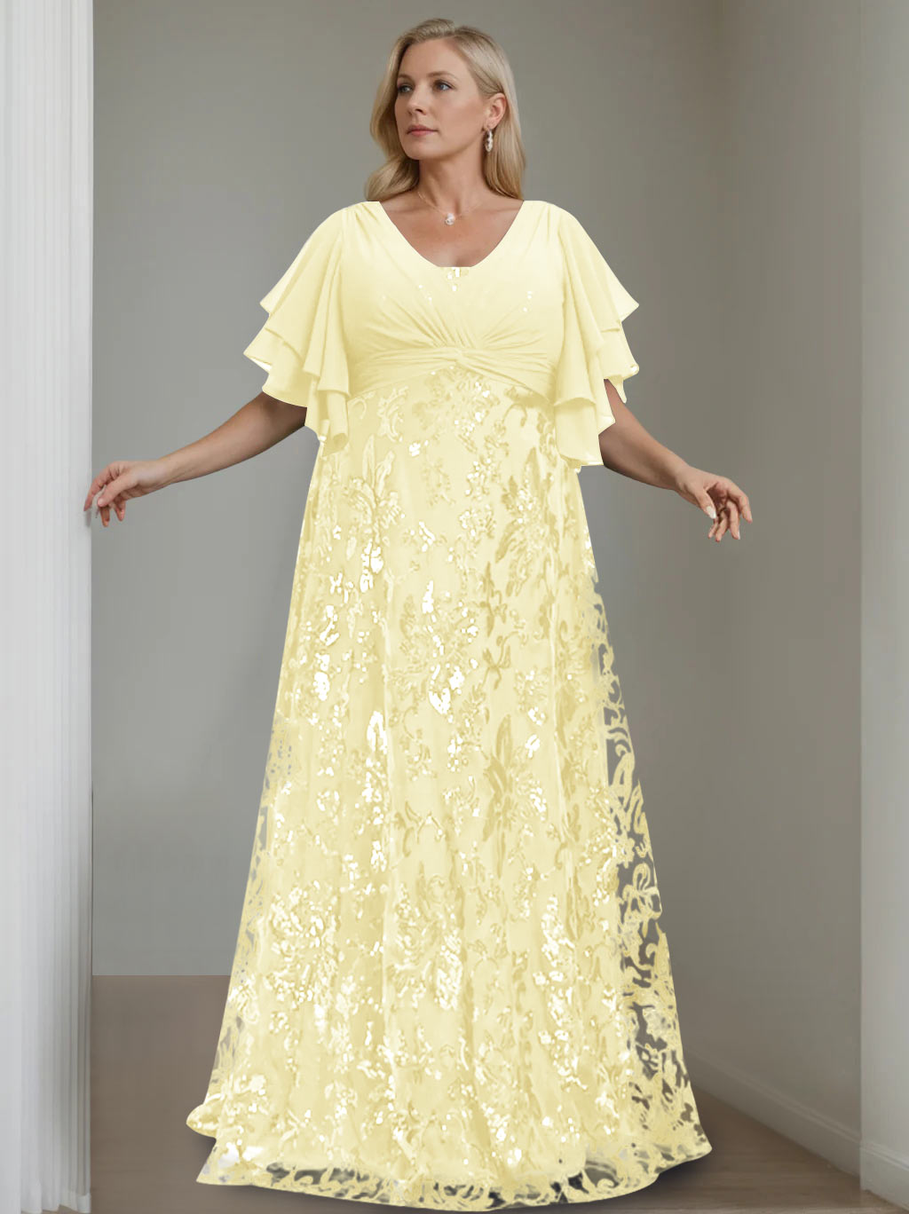 A-Line/Princess V-Neck Half Sleeves Floor-Length Plus Size Mother of the Bride Dresses with Sequins