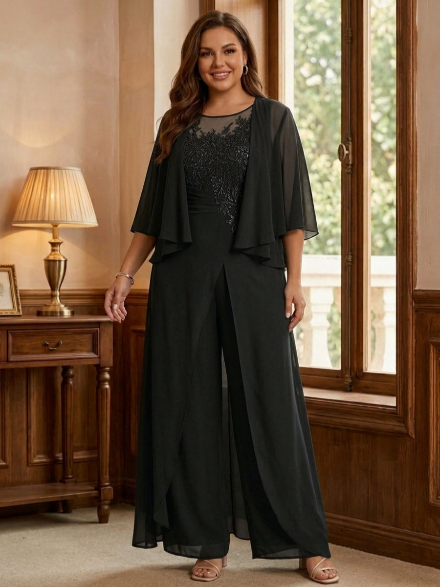 A-Line/Princess Scoop Floor-Length Plus Size Mother of the Bride Jumpsuits with Jacket, Split Side &amp; Appliques