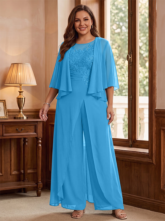 A-Line/Princess Scoop Floor-Length Plus Size Mother of the Bride Jumpsuits with Jacket, Split Side &amp; Appliques