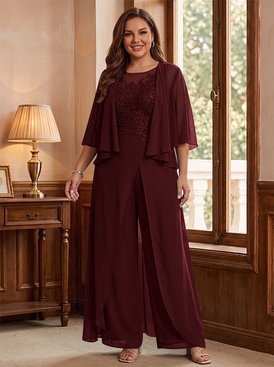 A-Line/Princess Scoop Floor-Length Plus Size Mother of the Bride Jumpsuits with Jacket, Split Side &amp; Appliques