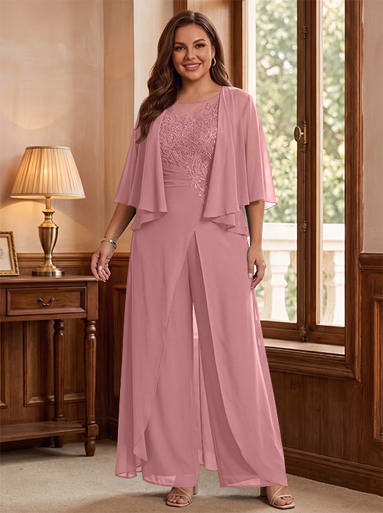 A-Line/Princess Scoop Floor-Length Plus Size Mother of the Bride Jumpsuits with Jacket, Split Side &amp; Appliques