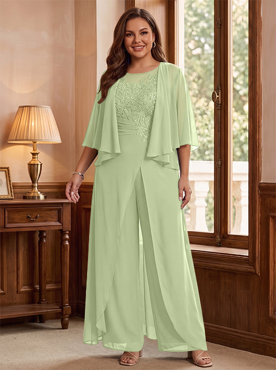 A-Line/Princess Scoop Floor-Length Plus Size Mother of the Bride Jumpsuits with Jacket, Split Side &amp; Appliques