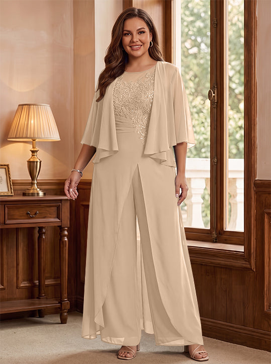A-Line/Princess Scoop Floor-Length Plus Size Mother of the Bride Jumpsuits with Jacket, Split Side &amp; Appliques