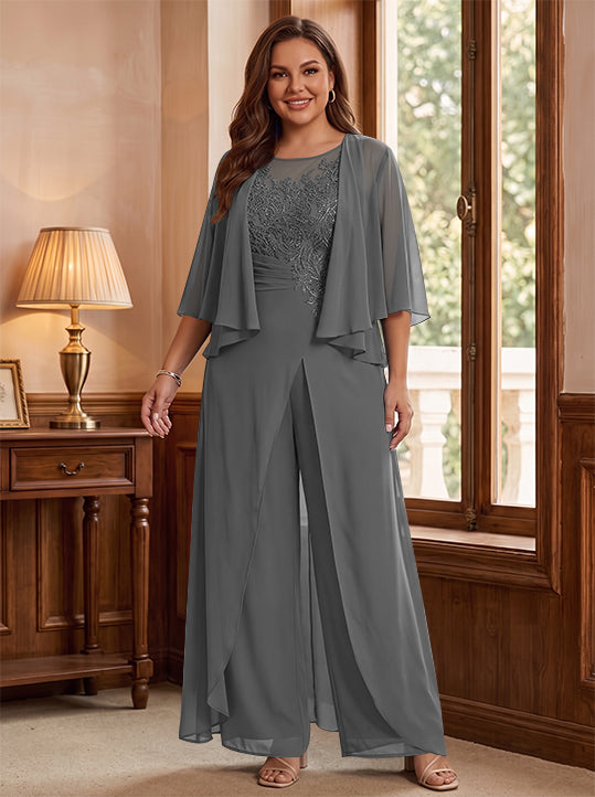 A-Line/Princess Scoop Floor-Length Plus Size Mother of the Bride Jumpsuits with Jacket, Split Side &amp; Appliques