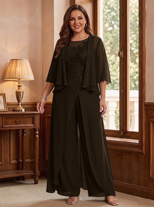 A-Line/Princess Scoop Floor-Length Plus Size Mother of the Bride Jumpsuits with Jacket, Split Side &amp; Appliques