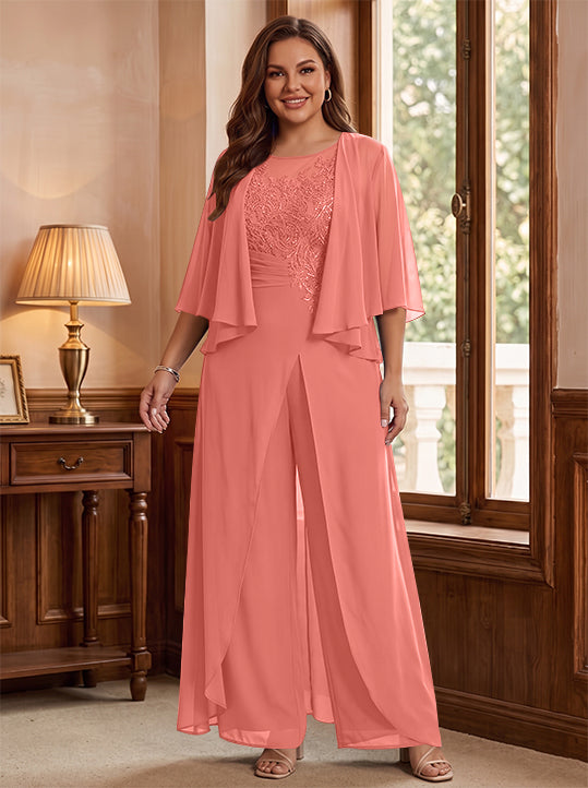 A-Line/Princess Scoop Floor-Length Plus Size Mother of the Bride Jumpsuits with Jacket, Split Side &amp; Appliques