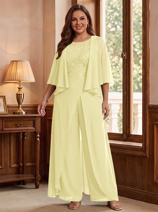 A-Line/Princess Scoop Floor-Length Plus Size Mother of the Bride Jumpsuits with Jacket, Split Side &amp; Appliques