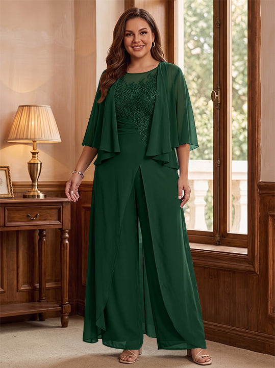 A-Line/Princess Scoop Floor-Length Plus Size Mother of the Bride Jumpsuits with Jacket, Split Side &amp; Appliques