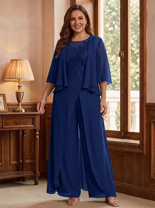 A-Line/Princess Scoop Floor-Length Plus Size Mother of the Bride Jumpsuits with Jacket, Split Side &amp; Appliques