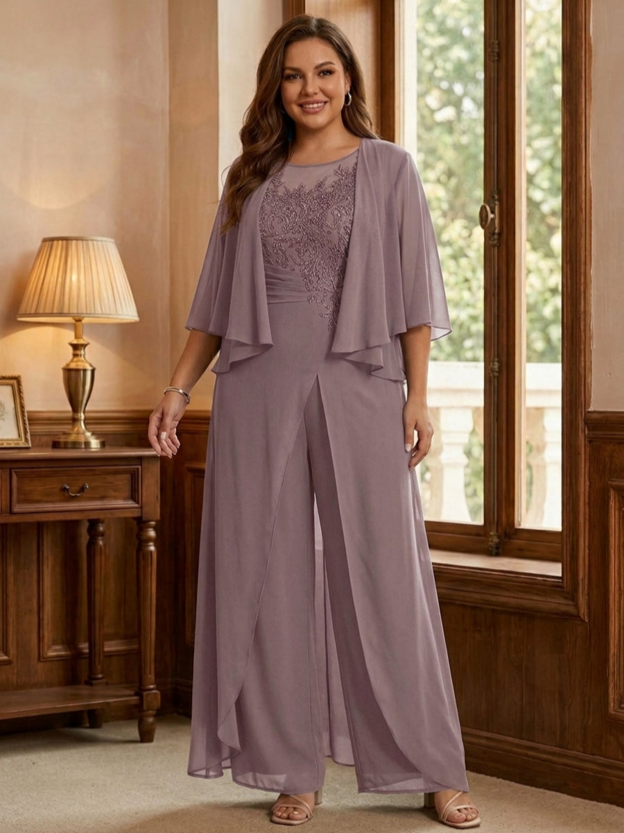 A-Line/Princess Scoop Floor-Length Plus Size Mother of the Bride Jumpsuits with Jacket, Split Side &amp; Appliques