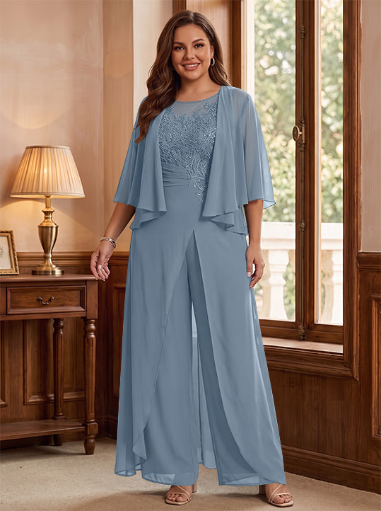 A-Line/Princess Scoop Floor-Length Plus Size Mother of the Bride Jumpsuits with Jacket, Split Side &amp; Appliques