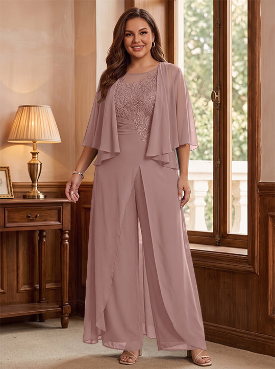 A-Line/Princess Scoop Floor-Length Plus Size Mother of the Bride Jumpsuits with Jacket, Split Side &amp; Appliques