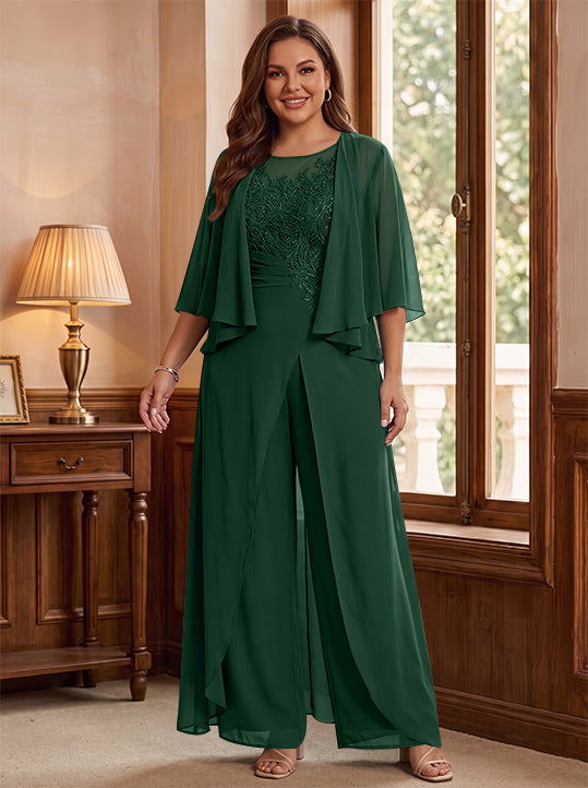 A-Line/Princess Scoop Floor-Length Plus Size Mother of the Bride Jumpsuits with Jacket, Split Side &amp; Appliques