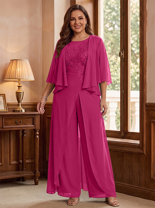 A-Line/Princess Scoop Floor-Length Plus Size Mother of the Bride Jumpsuits with Jacket, Split Side &amp; Appliques