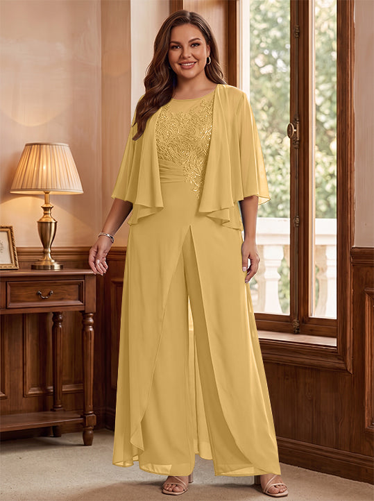 A-Line/Princess Scoop Floor-Length Plus Size Mother of the Bride Jumpsuits with Jacket, Split Side &amp; Appliques