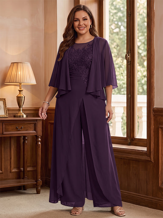 A-Line/Princess Scoop Floor-Length Plus Size Mother of the Bride Jumpsuits with Jacket, Split Side &amp; Appliques