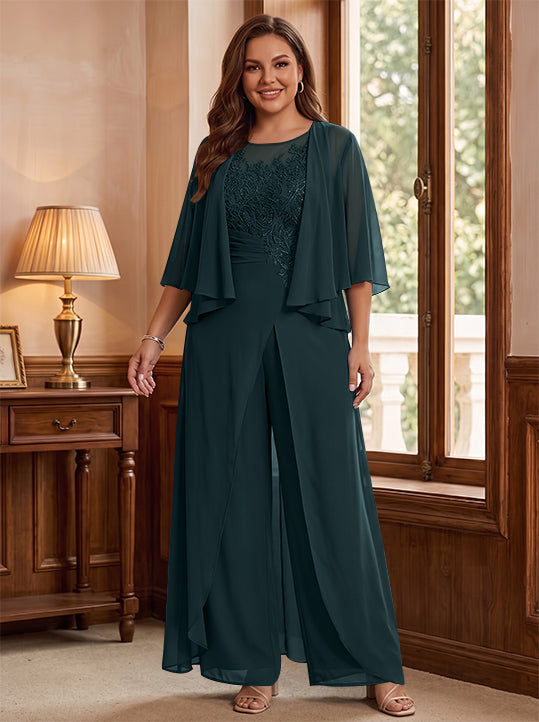 A-Line/Princess Scoop Floor-Length Plus Size Mother of the Bride Jumpsuits with Jacket, Split Side &amp; Appliques