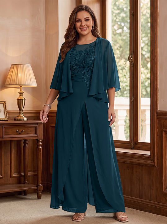 A-Line/Princess Scoop Floor-Length Plus Size Mother of the Bride Jumpsuits with Jacket, Split Side &amp; Appliques
