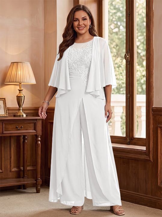 A-Line/Princess Scoop Floor-Length Plus Size Mother of the Bride Jumpsuits with Jacket, Split Side &amp; Appliques
