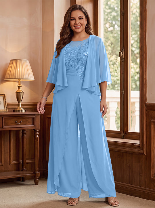 A-Line/Princess Scoop Floor-Length Plus Size Mother of the Bride Jumpsuits with Jacket, Split Side &amp; Appliques