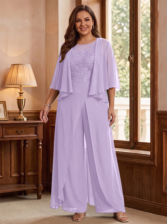 A-Line/Princess Scoop Floor-Length Plus Size Mother of the Bride Jumpsuits with Jacket, Split Side &amp; Appliques