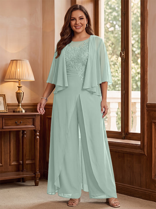 A-Line/Princess Scoop Floor-Length Plus Size Mother of the Bride Jumpsuits with Jacket, Split Side &amp; Appliques