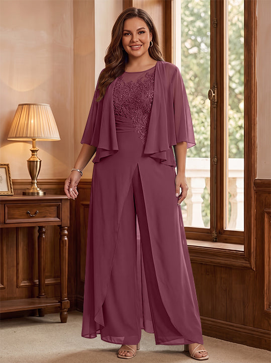 A-Line/Princess Scoop Floor-Length Plus Size Mother of the Bride Jumpsuits with Jacket, Split Side &amp; Appliques