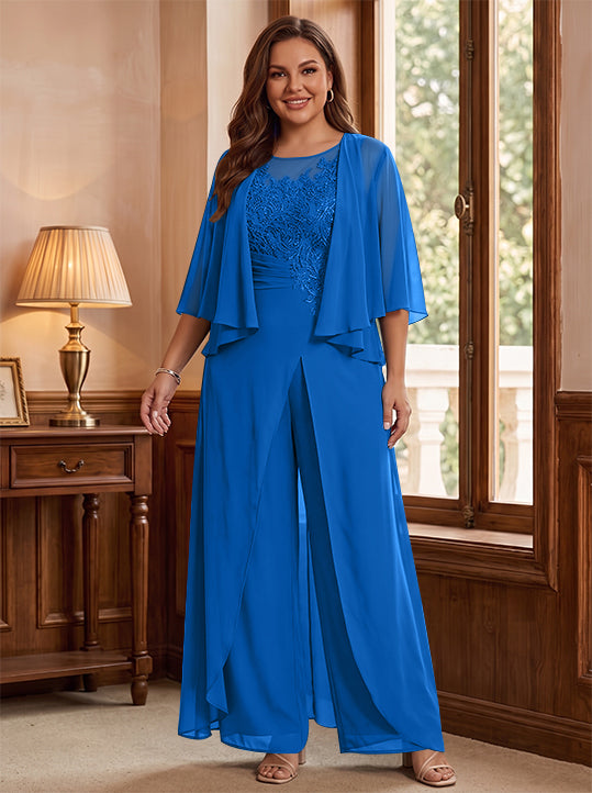 A-Line/Princess Scoop Floor-Length Plus Size Mother of the Bride Jumpsuits with Jacket, Split Side &amp; Appliques