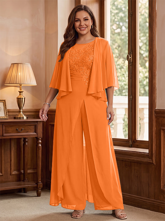 A-Line/Princess Scoop Floor-Length Plus Size Mother of the Bride Jumpsuits with Jacket, Split Side &amp; Appliques