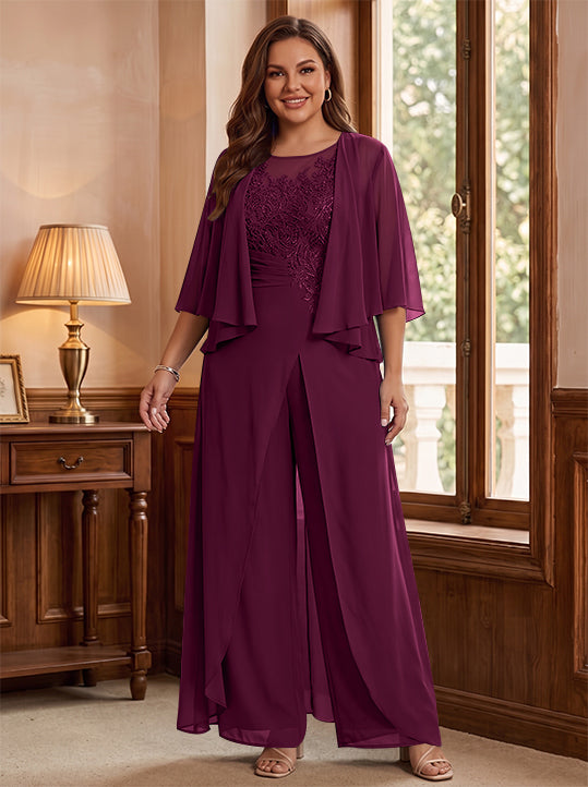 A-Line/Princess Scoop Floor-Length Plus Size Mother of the Bride Jumpsuits with Jacket, Split Side &amp; Appliques