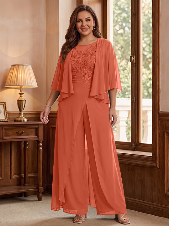 A-Line/Princess Scoop Floor-Length Plus Size Mother of the Bride Jumpsuits with Jacket, Split Side &amp; Appliques